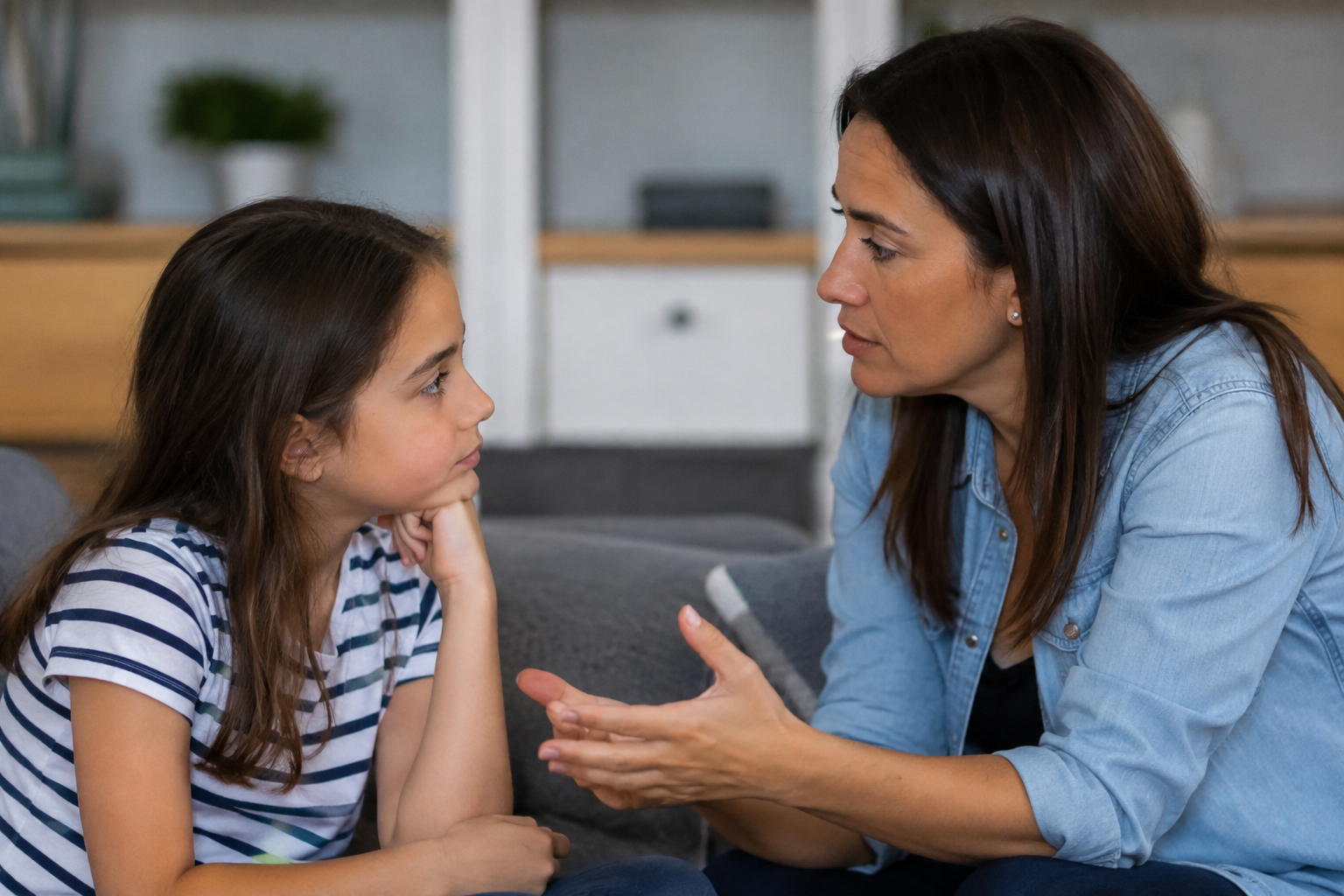 Parent and child talking through difficulties with social interaction in autism and friendship struggles